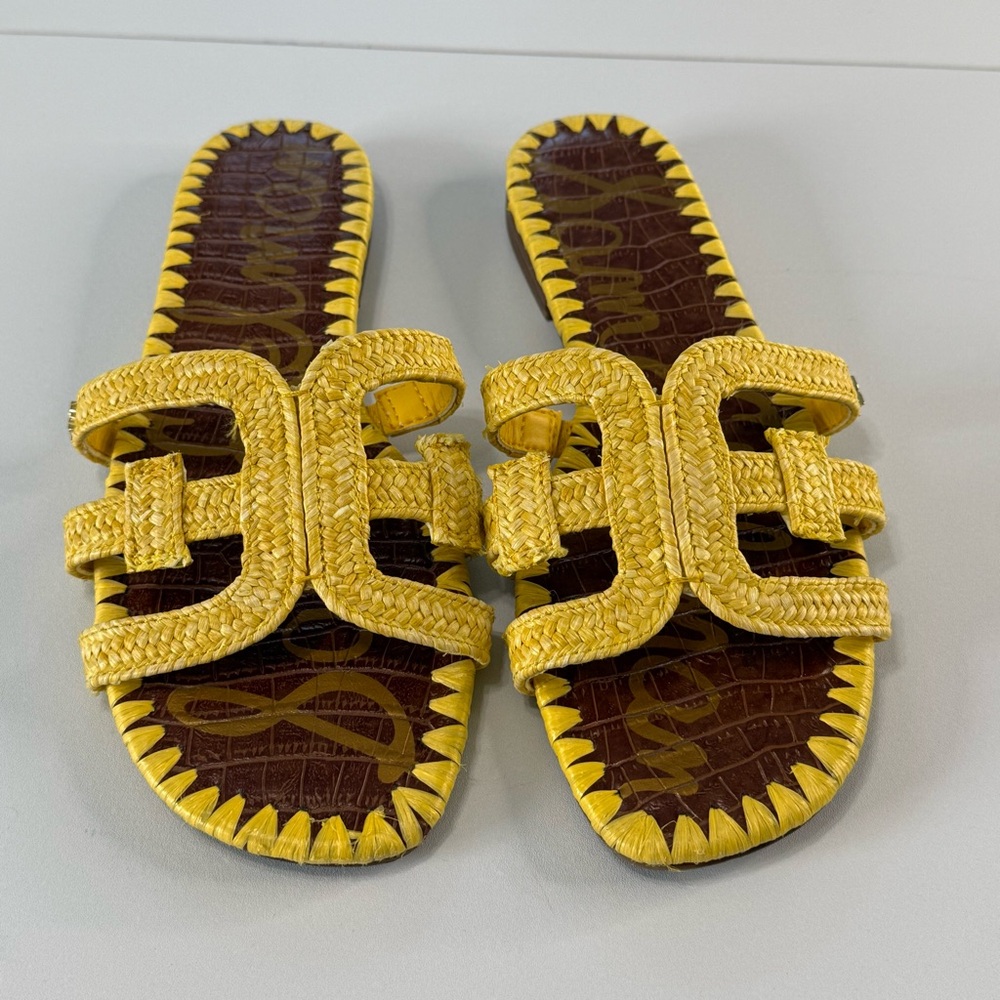 Sam Edelman Beckie 2 Woven Raffia Slide Sandals 9.5 Open Toe Flat Lemon Summer